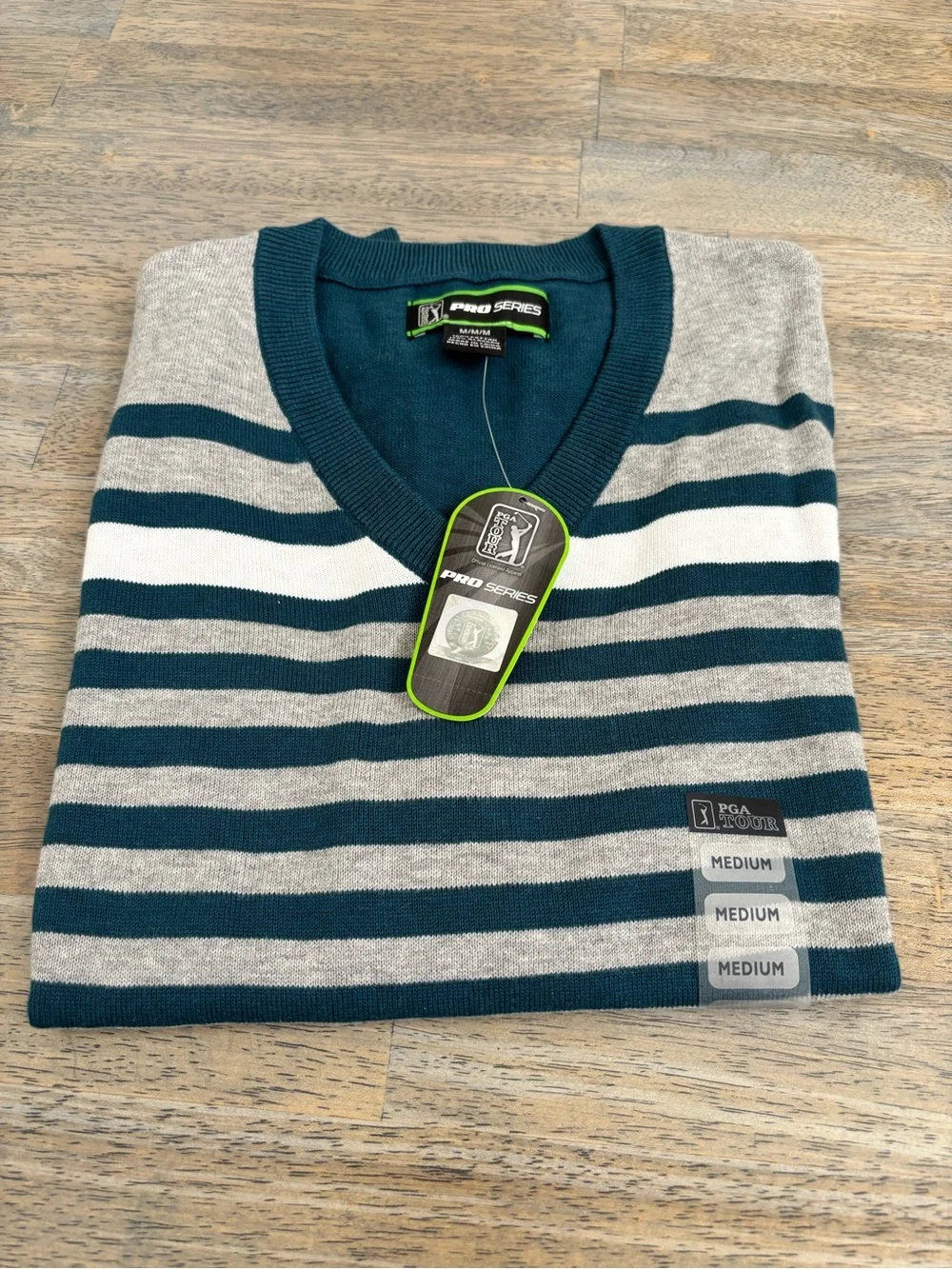 PGA Tour Teal, Gray & White Striped V-Neck Sweater